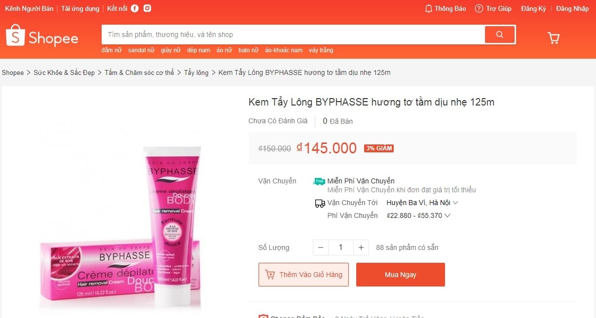 Kem tẩy lông Byphasse được bán trên Shopee với giá 145.000VNĐ kem tẩy lông byphasse, kem tẩy lông byphasse review, kem tẩy lông byphasse có tốt không, cách sử dụng kem tẩy lông byphasse, cách dùng kem tẩy lông byphasse